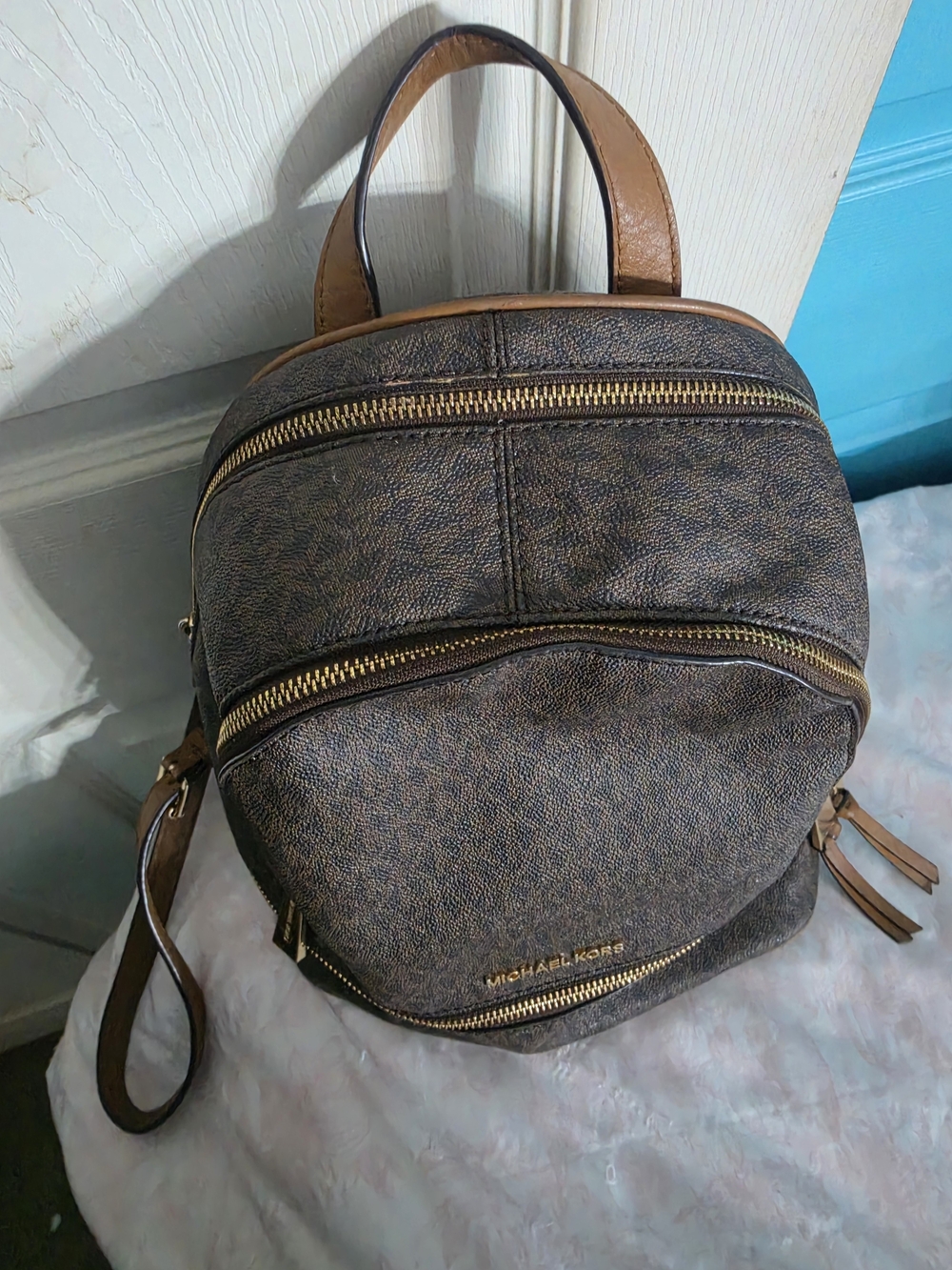 Michael Kors Brown Logo-Print Backpack with Gold Hardware - Picture 4 of 10